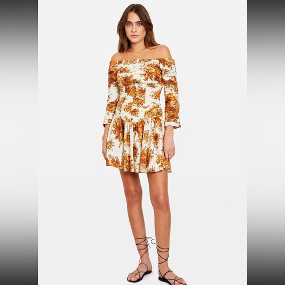 Alemais Orange Floral Long Sleeve Off the Shoulder Drop Waist Mini Dress XXS XS - Picture 7 of 13